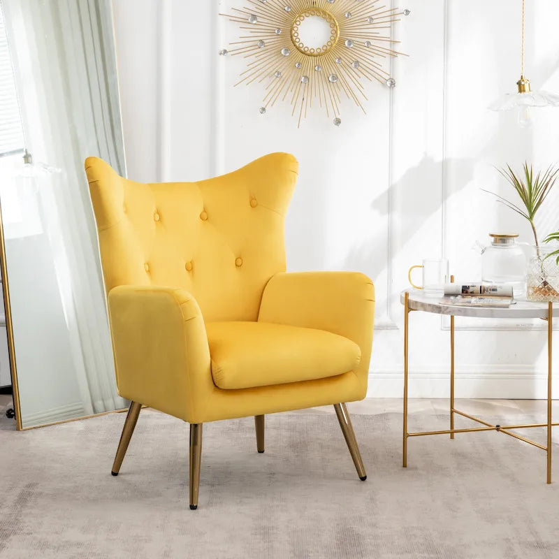 Yellow Velvet Button-Tufted Wing Back Accent Chair, Gold Legs, Single Seat