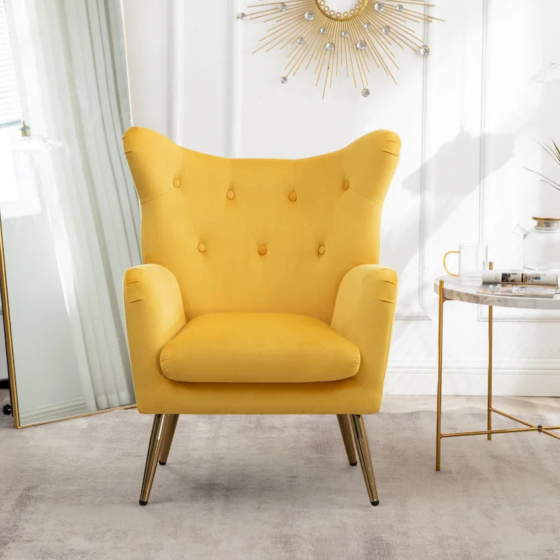 Yellow Velvet Button-Tufted Wing Back Accent Chair, Gold Legs, Single Seat
