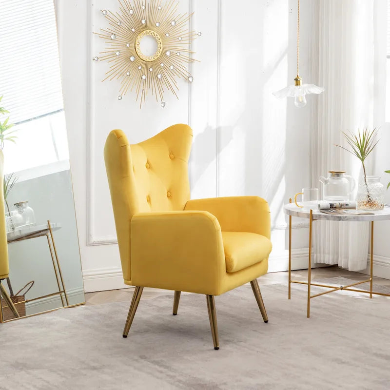Yellow Velvet Button-Tufted Wing Back Accent Chair, Gold Legs, Single Seat