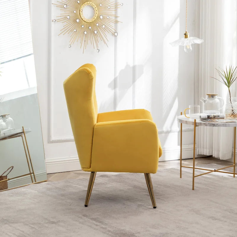 Yellow Velvet Button-Tufted Wing Back Accent Chair, Gold Legs, Single Seat