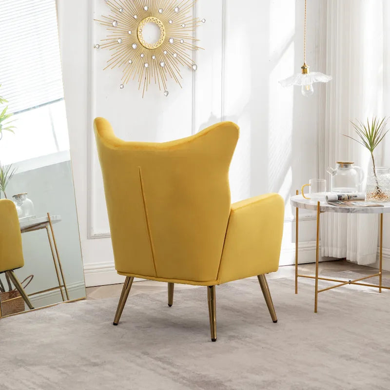 Yellow Velvet Button-Tufted Wing Back Accent Chair, Gold Legs, Single Seat