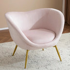 Poltrona d'accento in tessuto teddy verde acqua / rosa / bianco crema, schienale curvo, gambe dorate, seduta singola