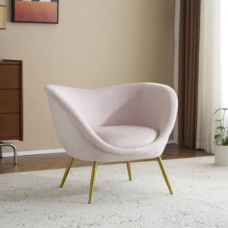 Teal / Pink / Cream White Teddy Fabric Accent Chair, Curved Back, Gold Legs, Single Seat