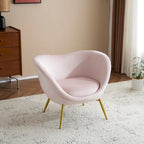 Poltrona d'accento in tessuto teddy verde acqua / rosa / bianco crema, schienale curvo, gambe dorate, seduta singola