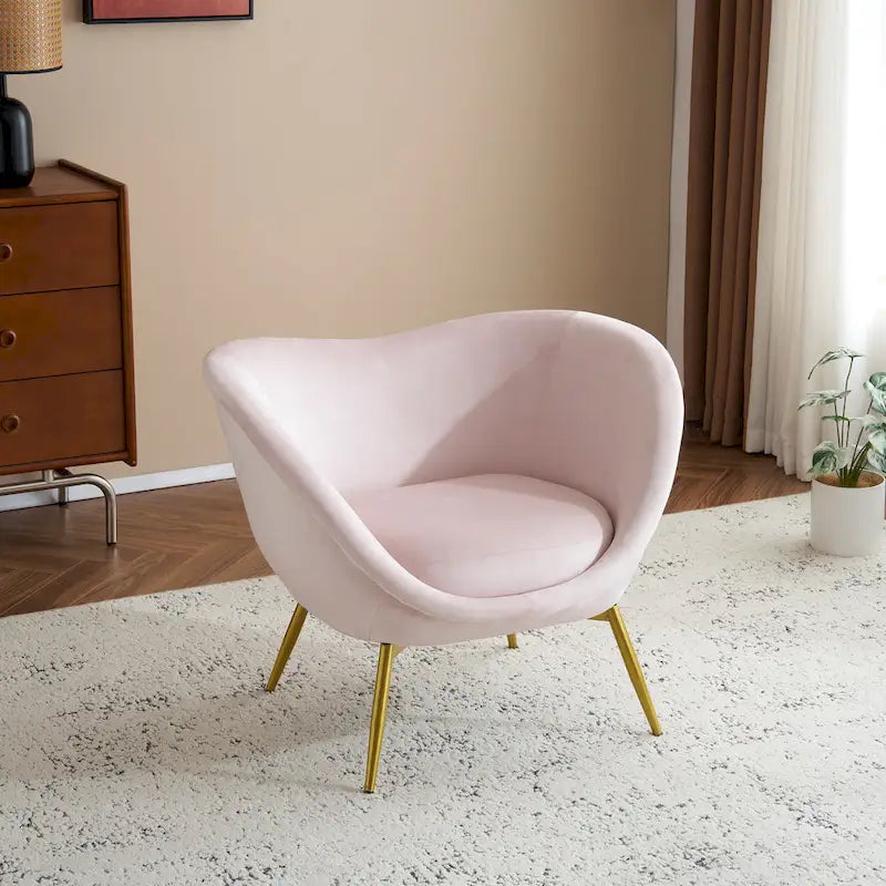 Teal / Pink / Cream White Teddy Fabric Accent Chair, Curved Back, Gold Legs, Single Seat
