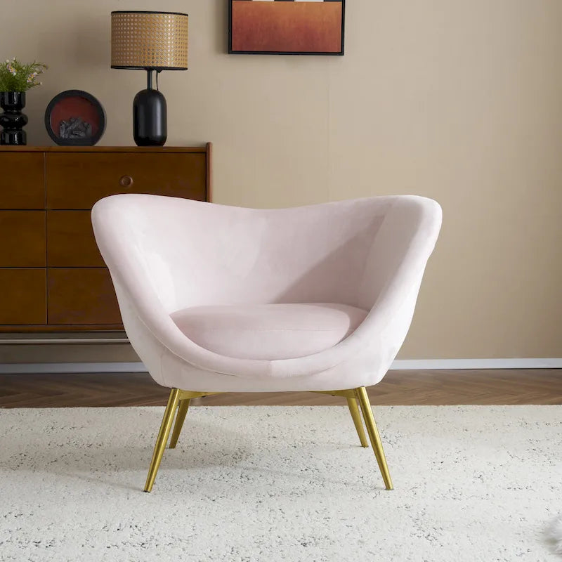 Poltrona d'accento in tessuto teddy verde acqua / rosa / bianco crema, schienale curvo, gambe dorate, seduta singola