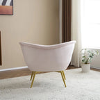 Poltrona d'accento in tessuto teddy verde acqua / rosa / bianco crema, schienale curvo, gambe dorate, seduta singola