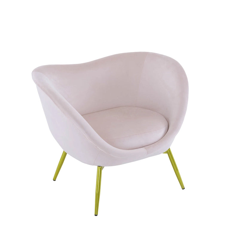Poltrona d'accento in tessuto teddy verde acqua / rosa / bianco crema, schienale curvo, gambe dorate, seduta singola