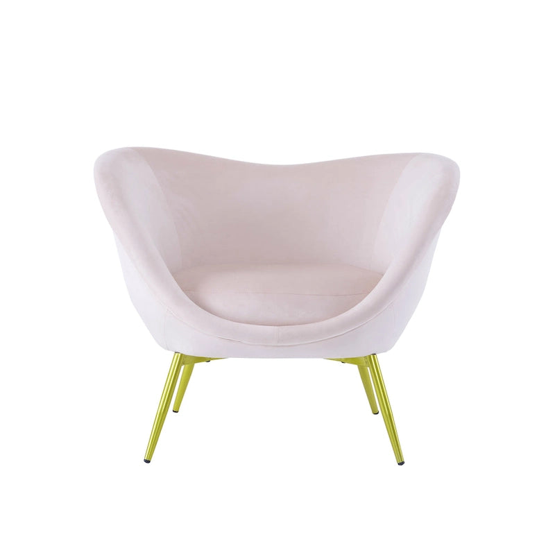 Poltrona d'accento in tessuto teddy verde acqua / rosa / bianco crema, schienale curvo, gambe dorate, seduta singola