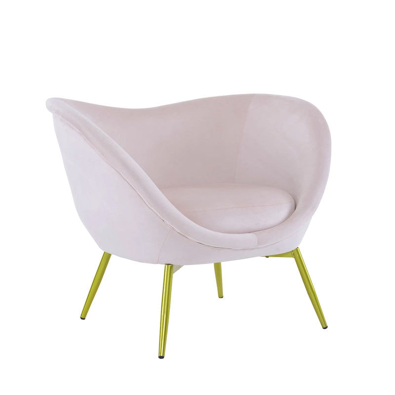 Poltrona d'accento in tessuto teddy verde acqua / rosa / bianco crema, schienale curvo, gambe dorate, seduta singola