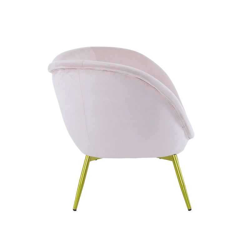 Poltrona d'accento in tessuto teddy verde acqua / rosa / bianco crema, schienale curvo, gambe dorate, seduta singola
