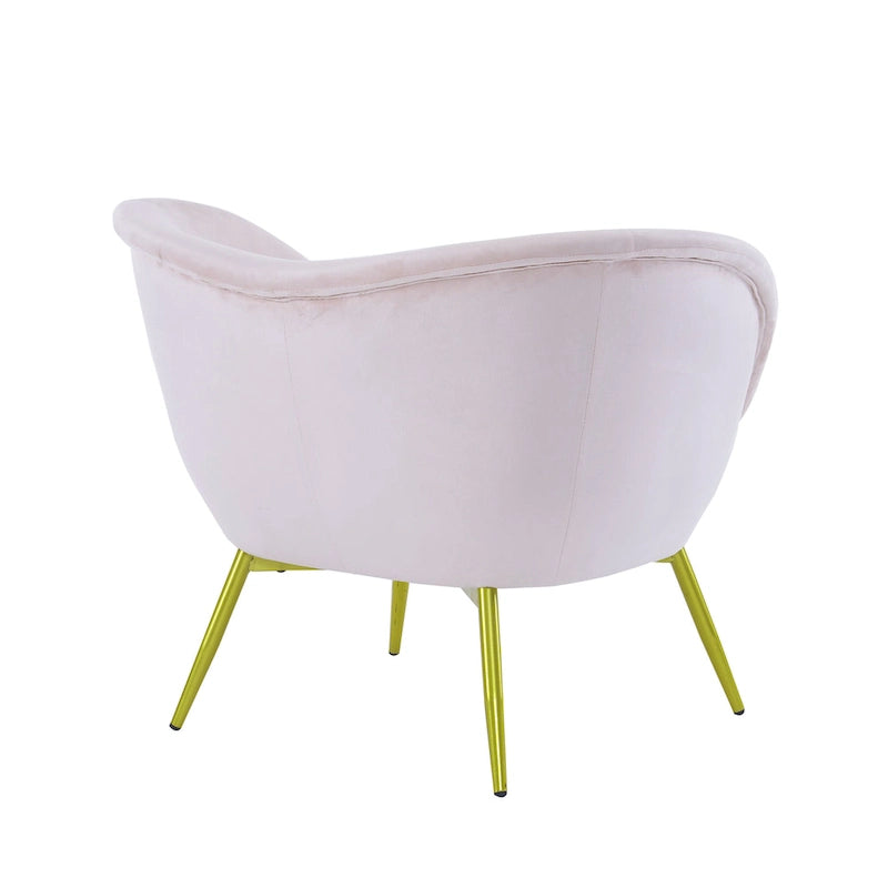 Poltrona d'accento in tessuto teddy verde acqua / rosa / bianco crema, schienale curvo, gambe dorate, seduta singola