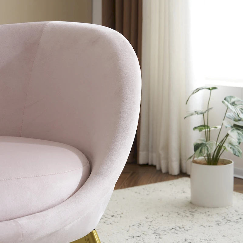 Poltrona d'accento in tessuto teddy verde acqua / rosa / bianco crema, schienale curvo, gambe dorate, seduta singola