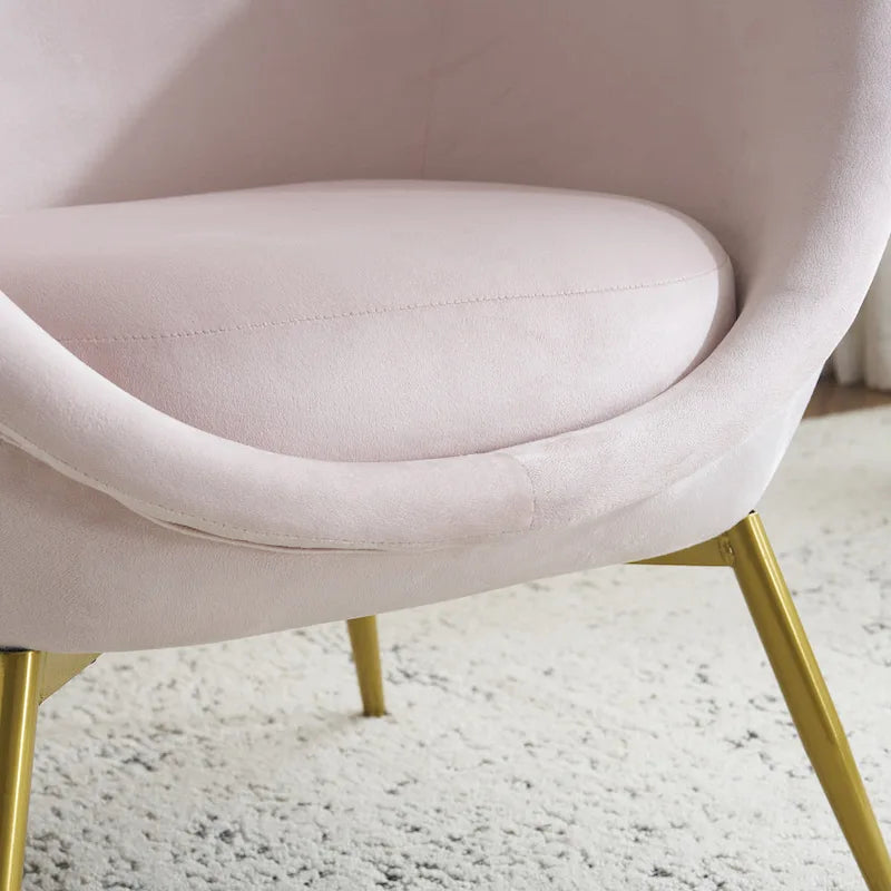 Poltrona d'accento in tessuto teddy verde acqua / rosa / bianco crema, schienale curvo, gambe dorate, seduta singola