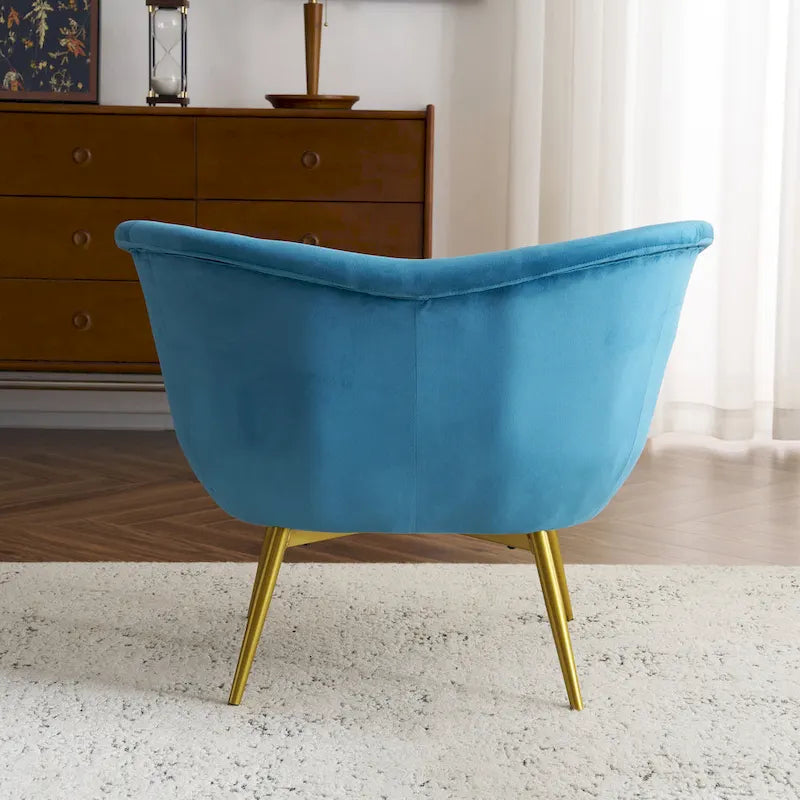 Poltrona d'accento in tessuto teddy verde acqua / rosa / bianco crema, schienale curvo, gambe dorate, seduta singola