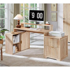 Natural Oak / Grayish Green / Off White L-Shaped Desk, 67", Single, with Charging Station & Storage