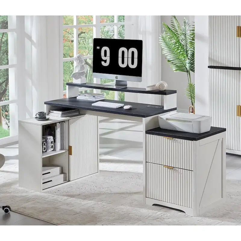 Natural Oak / Grayish Green / Off White L-Shaped Desk, 67", Single, with Charging Station & Storage