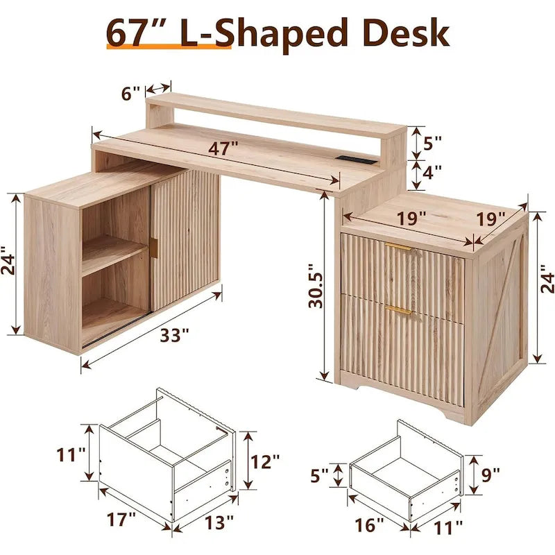 Natural Oak / Grayish Green / Off White L-Shaped Desk, 67", Single, with Charging Station & Storage