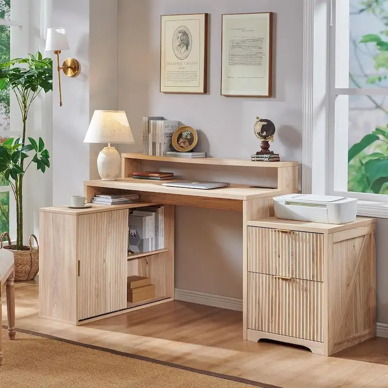 Natural Oak / Grayish Green / Off White L-Shaped Desk, 67", Single, with Charging Station & Storage