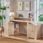 Natural Oak / Grayish Green / Off White L-Shaped Desk, 67", Single, with Charging Station & Storage