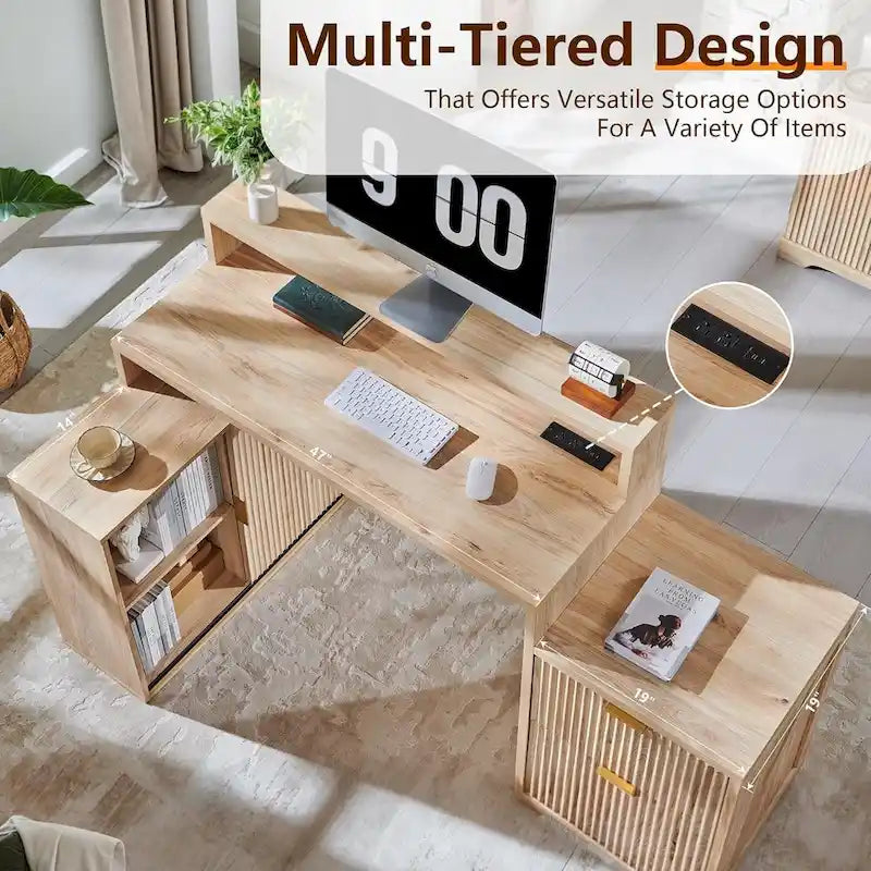 Natural Oak / Grayish Green / Off White L-Shaped Desk, 67", Single, with Charging Station & Storage