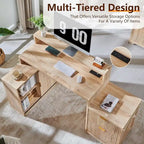 Natural Oak / Grayish Green / Off White L-Shaped Desk, 67", Single, with Charging Station & Storage