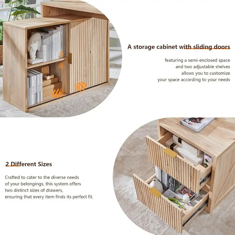 Natural Oak / Grayish Green / Off White L-Shaped Desk, 67", Single, with Charging Station & Storage