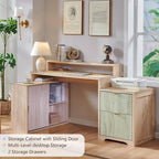 Natural Oak / Grayish Green / Off White L-Shaped Desk, 67", Single, with Charging Station & Storage