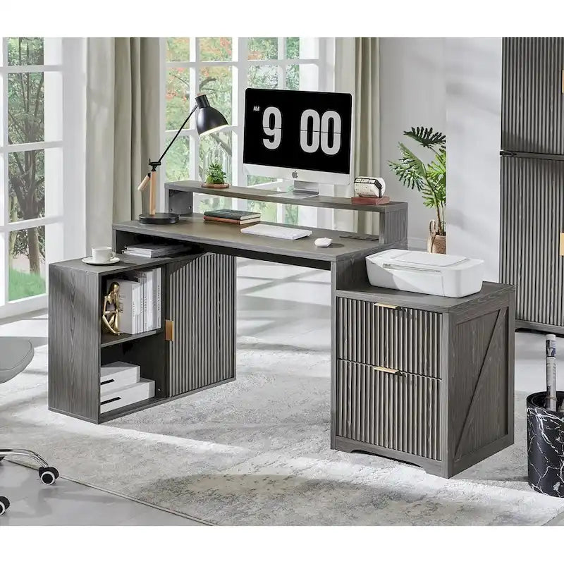 Natural Oak / Grayish Green / Off White L-Shaped Desk, 67", Single, with Charging Station & Storage