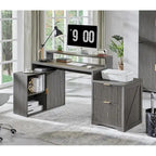 Natural Oak / Grayish Green / Off White L-Shaped Desk, 67", Single, with Charging Station & Storage