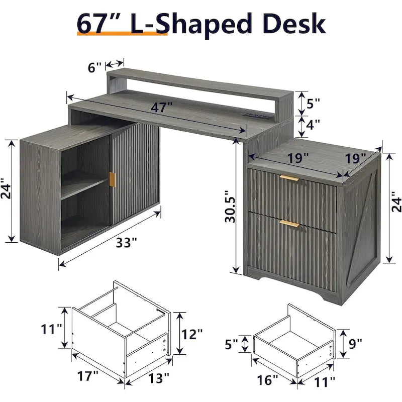 Natural Oak / Grayish Green / Off White L-Shaped Desk, 67", Single, with Charging Station & Storage