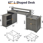 Natural Oak / Grayish Green / Off White L-Shaped Desk, 67", Single, with Charging Station & Storage