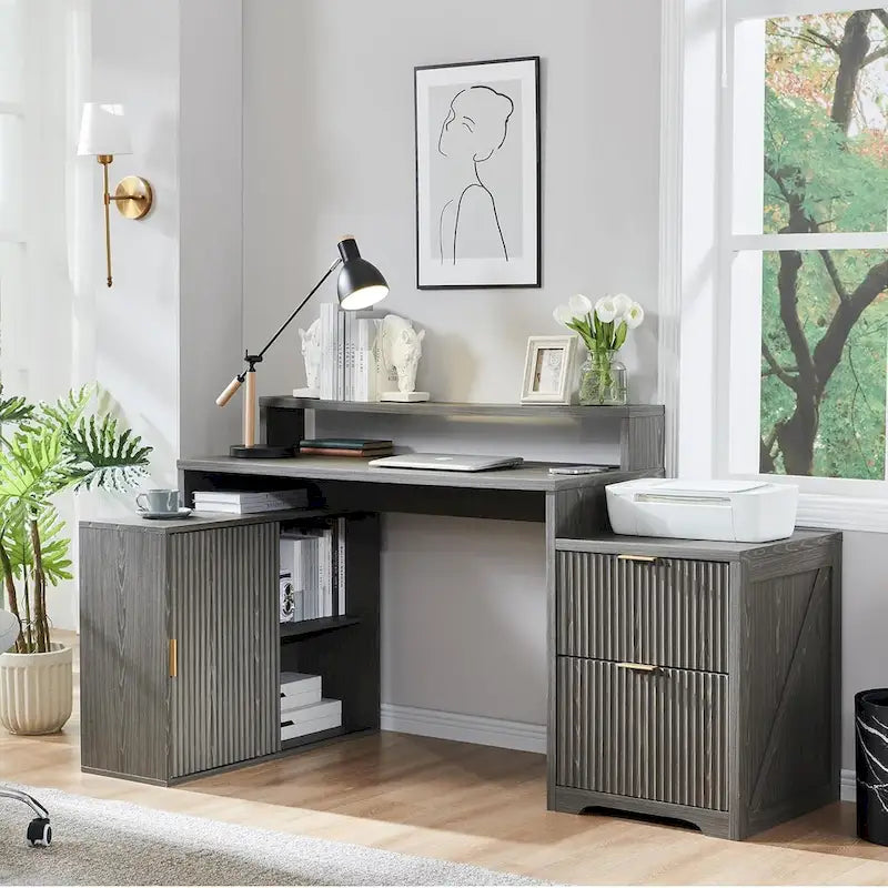 Natural Oak / Grayish Green / Off White L-Shaped Desk, 67", Single, with Charging Station & Storage