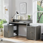 Natural Oak / Grayish Green / Off White L-Shaped Desk, 67", Single, with Charging Station & Storage