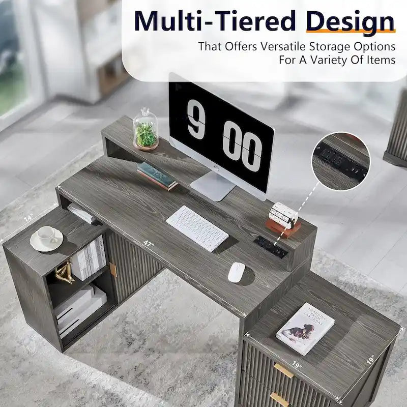 Natural Oak / Grayish Green / Off White L-Shaped Desk, 67", Single, with Charging Station & Storage
