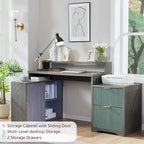 Natural Oak / Grayish Green / Off White L-Shaped Desk, 67", Single, with Charging Station & Storage