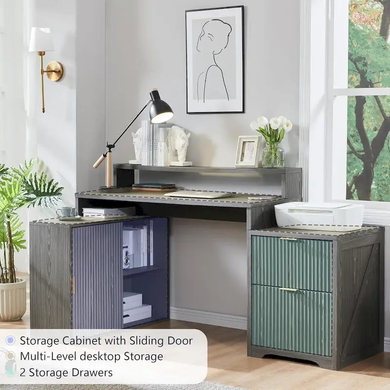 Natural Oak / Grayish Green / Off White L-Shaped Desk, 67", Single, with Charging Station & Storage