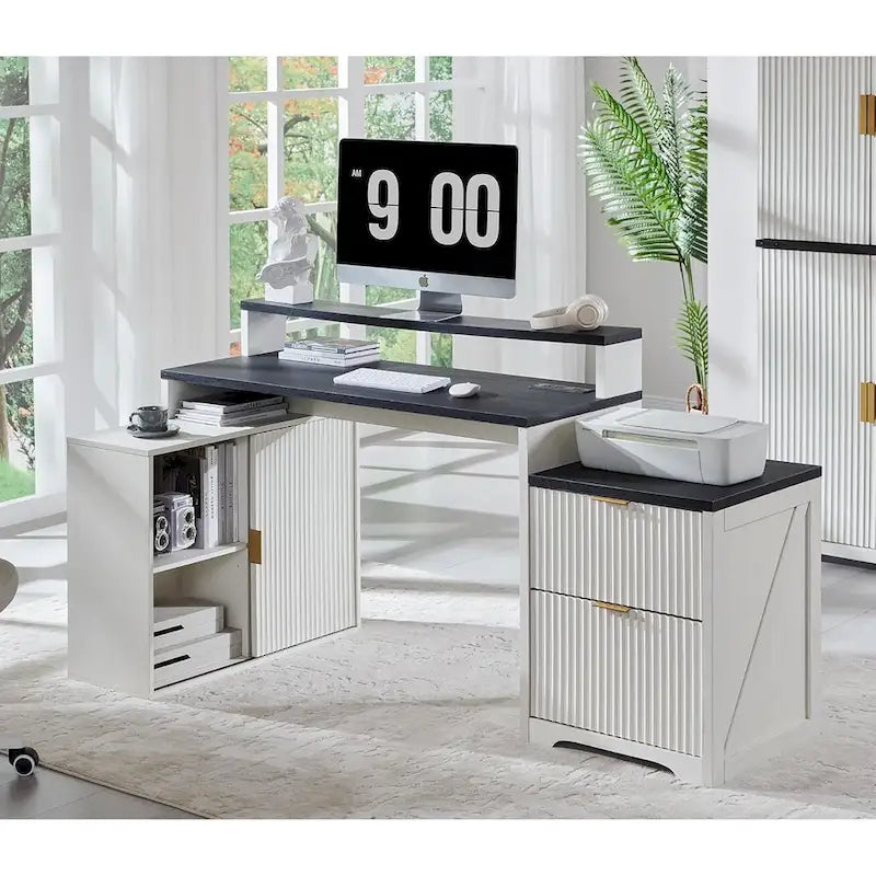 Natural Oak / Grayish Green / Off White L-Shaped Desk, 67", Single, with Charging Station & Storage