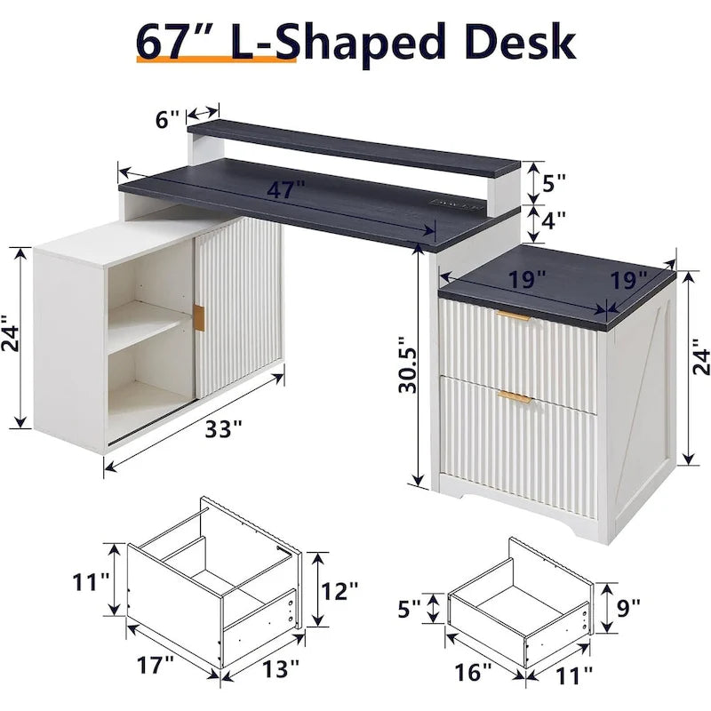 Natural Oak / Grayish Green / Off White L-Shaped Desk, 67", Single, with Charging Station & Storage