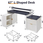 Natural Oak / Grayish Green / Off White L-Shaped Desk, 67", Single, with Charging Station & Storage