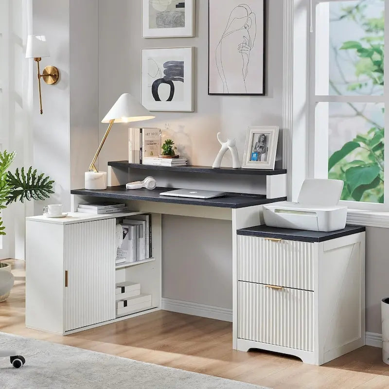 Natural Oak / Grayish Green / Off White L-Shaped Desk, 67", Single, with Charging Station & Storage