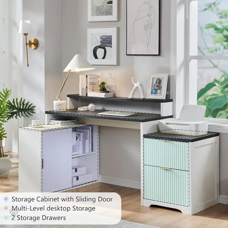 Natural Oak / Grayish Green / Off White L-Shaped Desk, 67", Single, with Charging Station & Storage