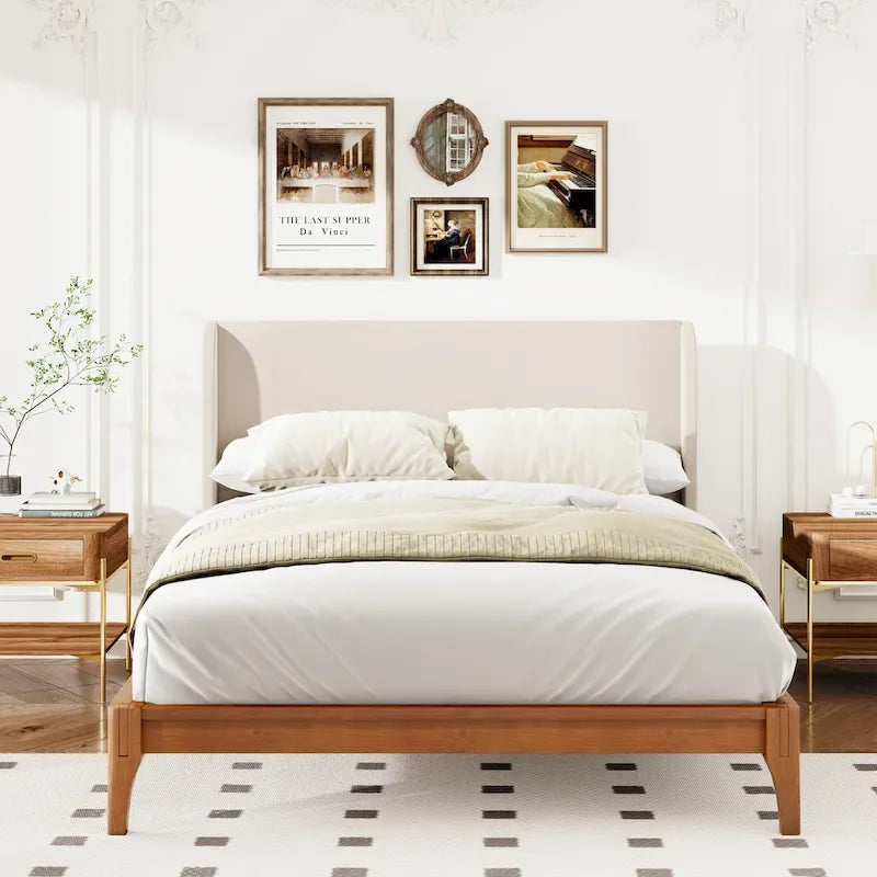 Letto a piattaforma in bambù marrone, testiera in lino a doppia ala da 48", King/Queen, 1 persona