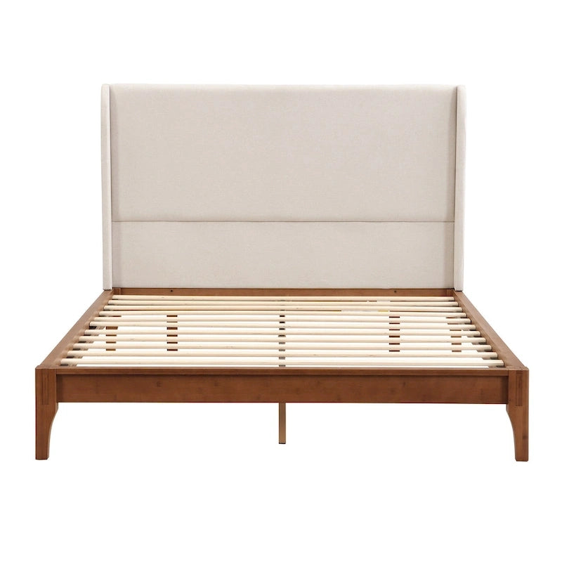 Letto a piattaforma in bambù marrone, testiera in lino a doppia ala da 48", King/Queen, 1 persona