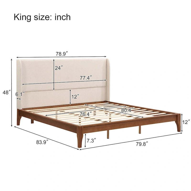 Letto a piattaforma in bambù marrone, testiera in lino a doppia ala da 48", King/Queen, 1 persona