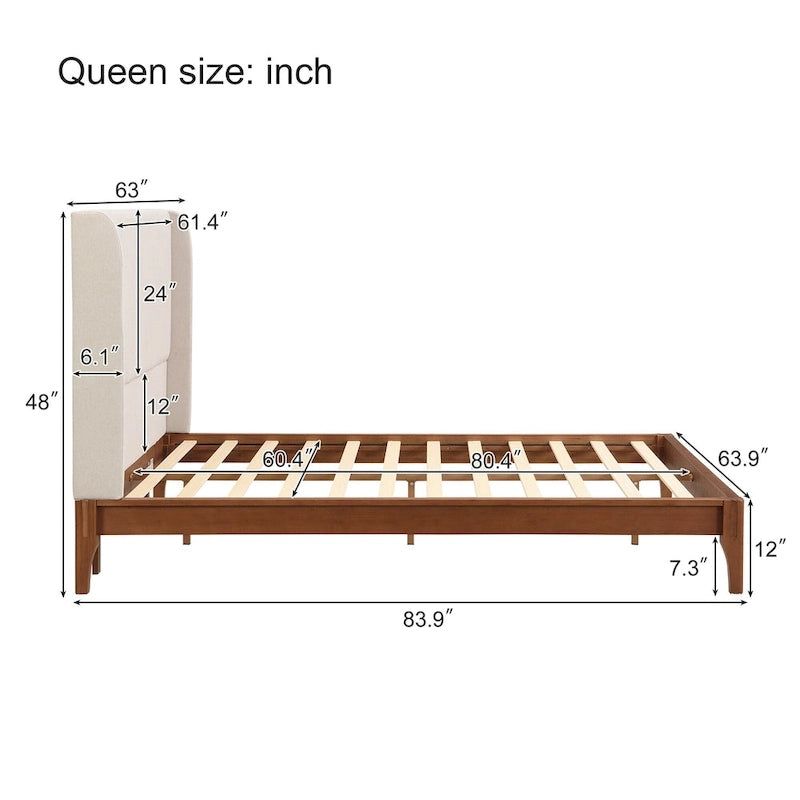 Letto a piattaforma in bambù marrone, testiera in lino a doppia ala da 48", King/Queen, 1 persona