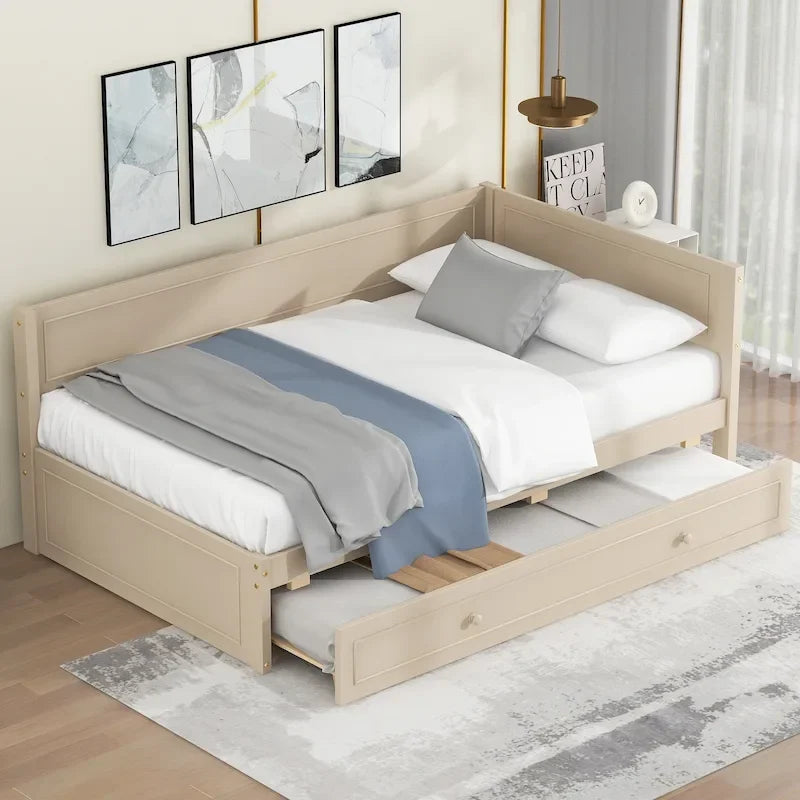 Letto da giorno in legno beige/grigio, formato singolo, con letto estraibile o cassetti, per 1–2 persone
