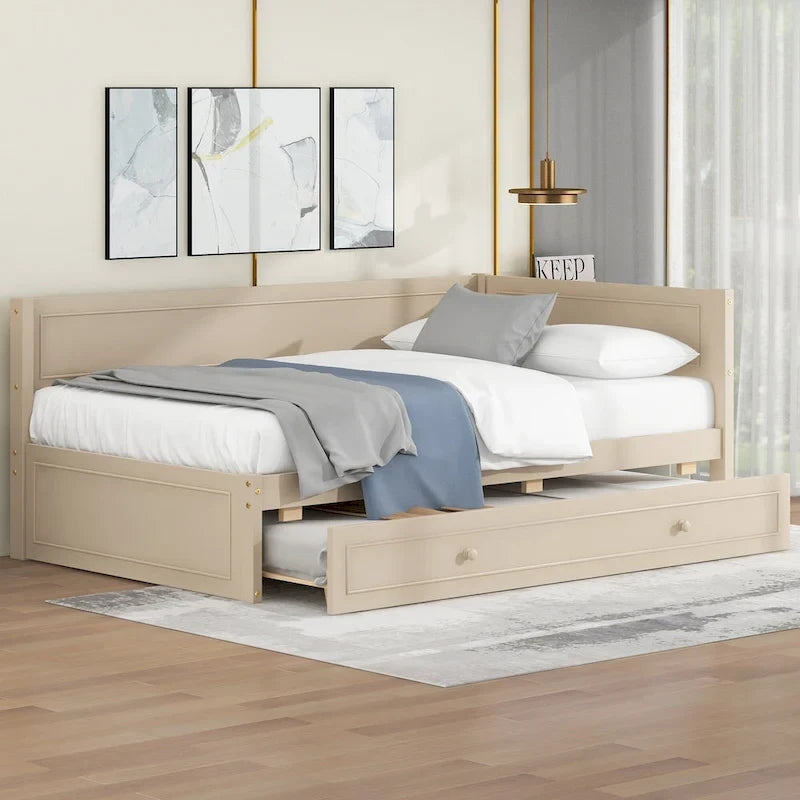 Letto da giorno in legno beige/grigio, formato singolo, con letto estraibile o cassetti, per 1–2 persone