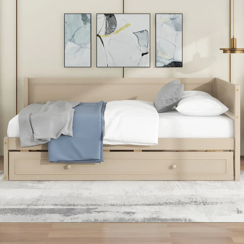 Beige/graues Tagesbett aus Holz in Einzelbettgröße mit Ausziehbett oder Schubladen, Schlafplatz für 1–2 Personen