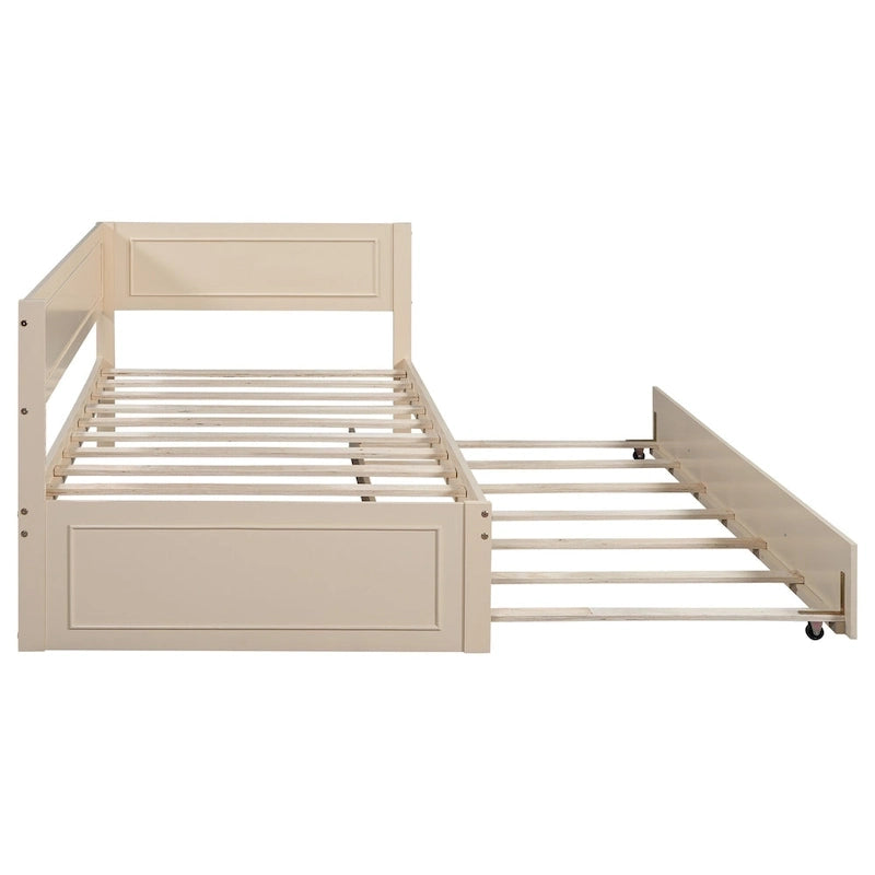 Beige/graues Tagesbett aus Holz in Einzelbettgröße mit Ausziehbett oder Schubladen, Schlafplatz für 1–2 Personen